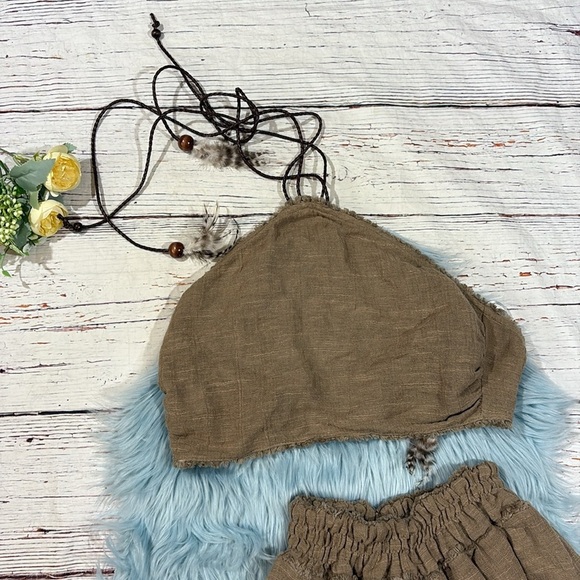 Lace the Label Greek Taupe Gauze Halter Feather Wide Leg Pant Top Set - Picture 5 of 11